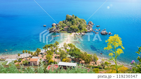 Aerial panoramic image of Isola Bella small island near Taormina, Sicily, Italy Aerial panoramic image of Isola Bella small island near Taormina, Sicily, Italy 119230347