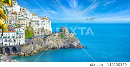 Beautiful seaside town Amalfi in province of Salerno, region of Campania, Italy 119230370
