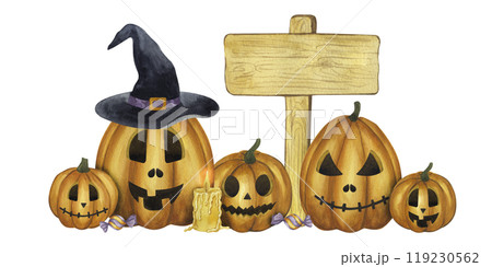 Halloween banner Jack o Lantern, carved orange pumpkin with witch's hat, candy, candle, wooden board index for text. Hand drawn watercolor illustration isolated background. For postcard, flyers Halloween banner Jack o Lantern, carved orange pumpkin with witch's hat, candy, candle, wooden board index for text. Hand drawn watercolor illustration isolated background. For postcard, flyers 119230562