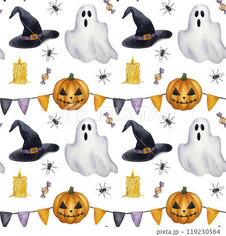 Halloween seamless pattern Jack o Lantern, carved orange pumpkin, candy, spider, candle, ghost, witch's hat, garland flags. Cartoon clipart. Hand drawn watercolor illustration isolated background Halloween seamless pattern Jack o Lantern, carved orange pumpkin, candy, spider, candle, ghost, witch's hat, garland flags. Cartoon clipart. Hand drawn watercolor illustration isolated background 119230564