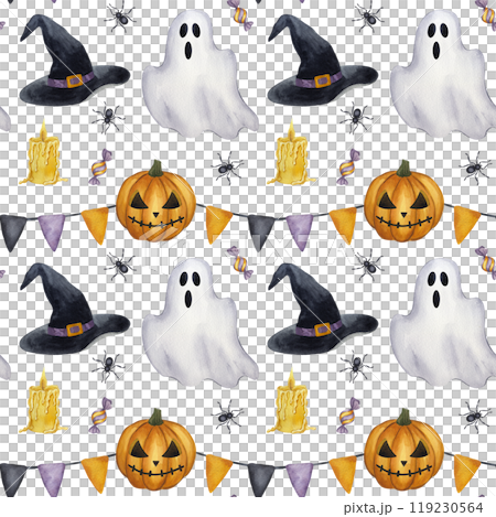 Halloween seamless pattern Jack o Lantern, carved orange pumpkin, candy, spider, candle, ghost, witch's hat, garland flags. Cartoon clipart. Hand drawn watercolor illustration isolated background 119230564