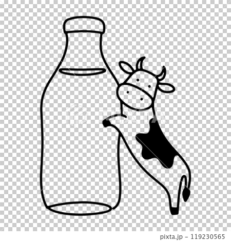 黑白牛和牛奶瓶的簡單線條畫插圖，透明背景上的切口 119230565