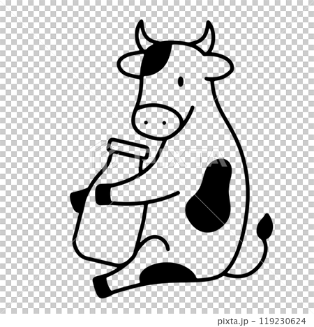 A simple line drawing of a black and white cow character holding a milk bottle, cut out on a transparent background A simple line drawing of a black and white cow character holding a milk bottle, cut out on a transparent background 119230624