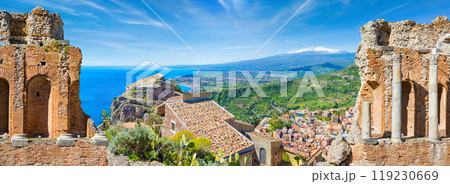 Panoramic collage with ancient Greek theatre and Church of Madonna della Rocca in Taormina, Sicily, Italy Panoramic collage with ancient Greek theatre and Church of Madonna della Rocca in Taormina, Sicily, Italy 119230669