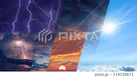 Weather forecast concept, collage of variety weather conditions Weather forecast concept, collage of variety weather conditions 119230671