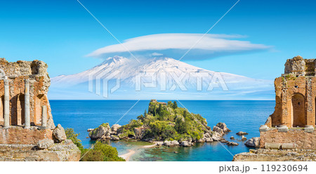 Collage with ancient Greek theatre, Isola Bella and Etna mount near Taormina, Sicily, Italy. Collage with ancient Greek theatre, Isola Bella and Etna mount near Taormina, Sicily, Italy. 119230694