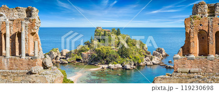 Collage with ancient Greek theatre and Isola Bella in Taormina, Sicily, Italy Collage with ancient Greek theatre and Isola Bella in Taormina, Sicily, Italy 119230698
