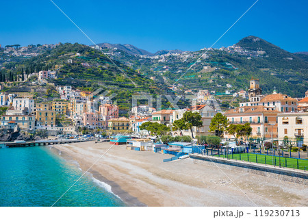 Blue sea and beach in Minori, Amalfi Coast, Campania, Italy. 119230713