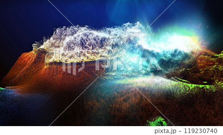 Landscape of a futuristic planet. Magic digital futuristic glowing energy particles. 119230740