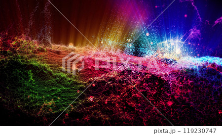 Landscape of a futuristic planet. Magic digital futuristic glowing energy particles. 119230747
