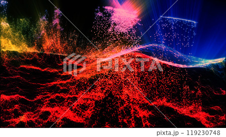 Landscape of a futuristic planet. Magic digital futuristic glowing energy particles. 119230748