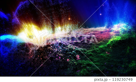 Landscape of a futuristic planet. Magic digital futuristic glowing energy particles. 119230749