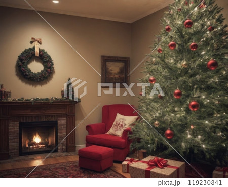 decorated christmas tree in room with fireplace 119230841