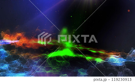 Landscape of a futuristic planet. Magic digital futuristic glowing energy particles. 119230913