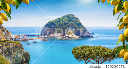 Sant'Angelo village, giant green rock in blue sea near Ischia Island, Italy Sant'Angelo village, giant green rock in blue sea near Ischia Island, Italy 119230978