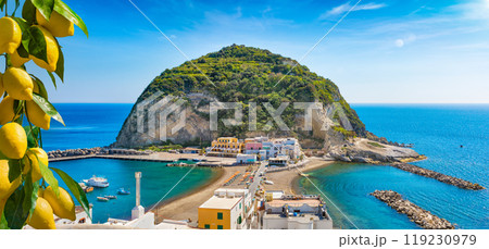 Sant'Angelo village, giant green rock in blue sea near Ischia Island, Italy Sant'Angelo village, giant green rock in blue sea near Ischia Island, Italy 119230979