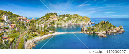 Panoramic view of beautiful Isola Bella, small island near Taormina, Sicily, Italy Panoramic view of beautiful Isola Bella, small island near Taormina, Sicily, Italy 119230997