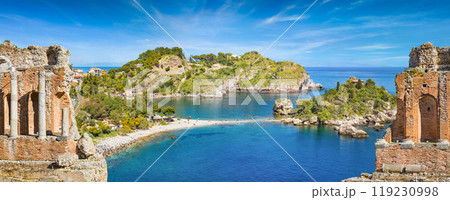 Panoramic collage with ruins of ancient Greek theatre and Isola Bella in Taormina, Italy. Panoramic collage with ruins of ancient Greek theatre and Isola Bella in Taormina, Italy. 119230998