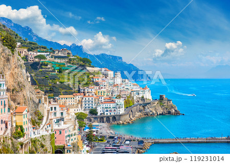 Beautiful seaside city Amalfi in province of Salerno, in region of Campania, Italy 119231014