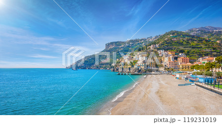 Blue sea and beach in Minori, Amalfi Coast, Campania, Italy. Blue sea and beach in Minori, Amalfi Coast, Campania, Italy. 119231019