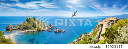 Panoramic collage with Isola Bella, small island near Taormina and Church of Madonna della Rocca, Sicily, Italy. Panoramic collage with Isola Bella, small island near Taormina and Church of Madonna della Rocca, Sicily, Italy. 119231114