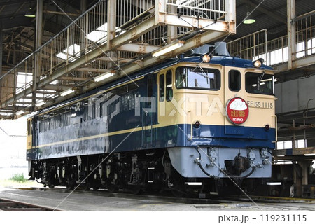 車両基地に停車するEF65形電気機関車（寝台特急出雲ヘッドマーク掲出） 119231115