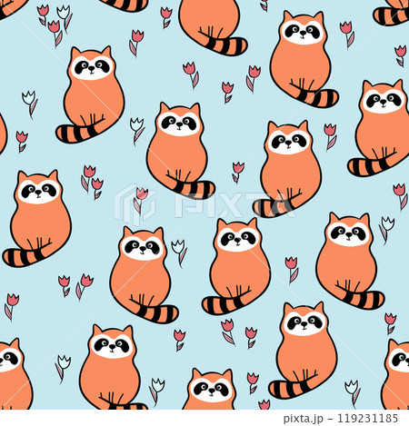 Vector seamless repeating childish pattern with cute raccoon in doodle style. Animals background for invitation, poster, card, flyer, textile, fabric Vector seamless repeating childish pattern with cute raccoon in doodle style. Animals background for invitation, poster, card, flyer, textile, fabric 119231185