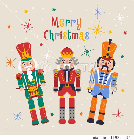 Christmas illustration card with Nutcrackers on a background New year illustration. 119231194