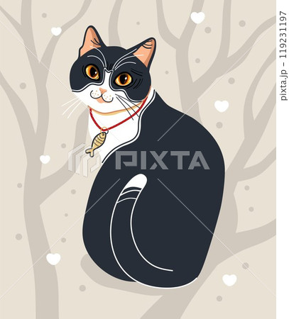 black white cat cartoon, icon illustration, cat silhouette of a cat isolated on a grey tree background black white cat cartoon, icon illustration, cat silhouette of a cat isolated on a grey tree background 119231197
