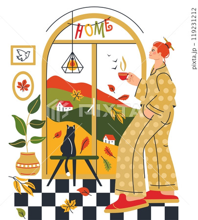Girl in pajamas view from the window beautiful autumn interior of the house cat flowers Girl in pajamas view from the window beautiful autumn interior of the house cat flowers 119231212