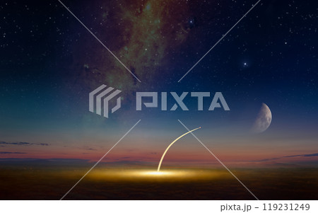 Aerial view of space shuttle taking off, crewed mission to Moon Aerial view of space shuttle taking off, crewed mission to Moon 119231249