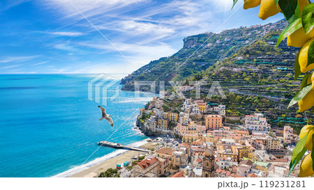 Blue sea and beach in Minori, Amalfi Coast, Campania, Italy. 119231281
