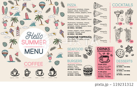 Summer menu, template design. Food flyer. Hand-drawn style. Vector illustration Summer menu, template design. Food flyer. Hand-drawn style. Vector illustration 119231312