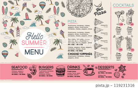 Summer menu, template design. Food flyer. Hand-drawn style. Vector illustration Summer menu, template design. Food flyer. Hand-drawn style. Vector illustration 119231316