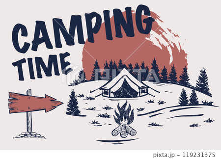 Camping time in nature, Mountain landscape, sketch style, vector illustrations.	 119231375