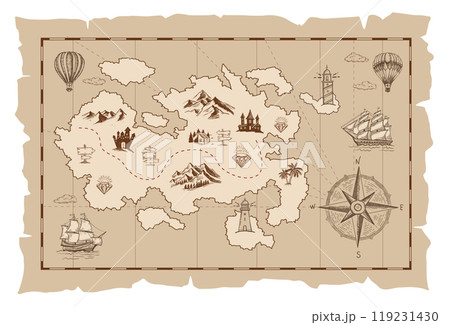 Old treasure map vector sketch. Hand drawn illustrations, vector.	 119231430