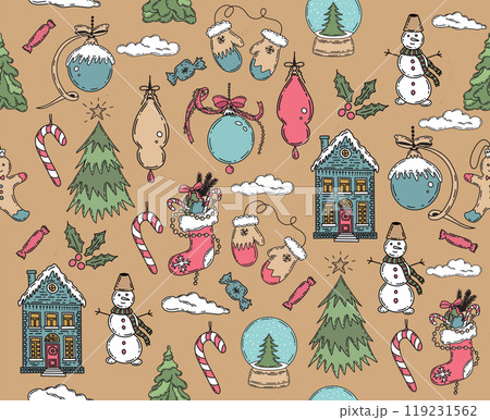 Christmas pattern in sketch style. Hand drawn illustration. Christmas pattern in sketch style. Hand drawn illustration. 119231562