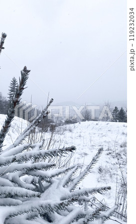 view of a snow-covered small town from the mountain 119232034