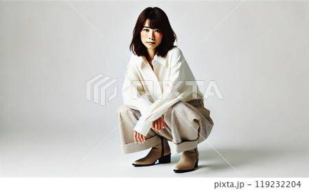 中腰のポーズで座っている女性 119232204