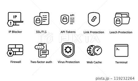 IP blocker SSL TLS API tokens link protection leech firewall two factor authentication web cache terminal icon collection set vector graphic illustration web hosting server management tools IP blocker SSL TLS API tokens link protection leech firewall two factor authentication web cache terminal icon collection set vector graphic illustration web hosting server management tools 119232264