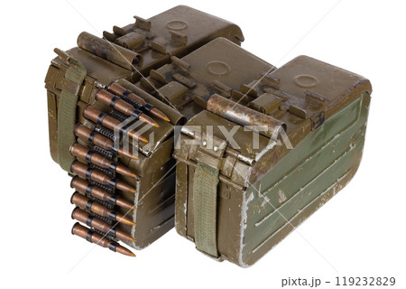 Ammo box with ammunition belt and 7.62 mm cartridges for kalashnikov PK or PKM machine gun isolated on white. 119232829