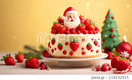 サンタクロースの飾りがついたイチゴのデコレーションケーキ、クリスマス 119232915