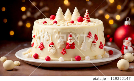 サンタクロースの飾りがついたホワイトチョコレートのデコレーションケーキ、クリスマス 119233147