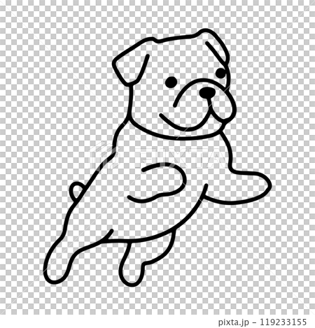 一隻飛行的鬥牛犬小狗的簡單線條畫圖，透明背景上的切口 119233155
