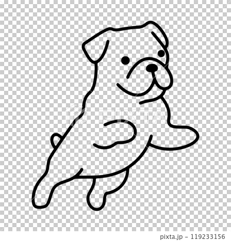 一隻飛行的鬥牛犬小狗的簡單線條畫圖，透明背景上的切口 119233156