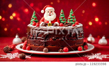 サンタクロースの飾りがついたチョコレートのデコレーションケーキ、クリスマス 119233398