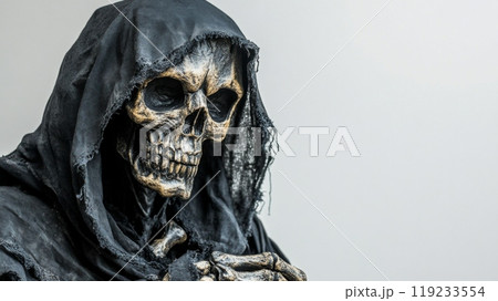 Skeleton grim reaper wearing black hood posing for camera 119233554