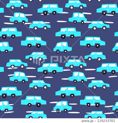Seamless pattern with cute car on color background. Cartoot transport. Vector illustration. Doodle style. Design for baby print, invitation, poster, card, fabric, textile 119233701