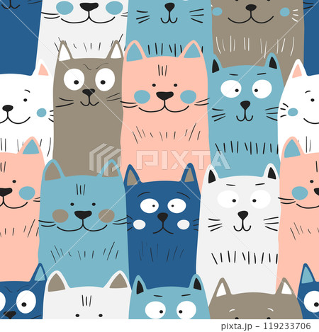 Seamless pattern with cute kitten print. Different scandy cats on color background. Scandinavian style illustration for kids. Vector illustration for fabric, textile, wallpaper, home clothing, pajama 119233706