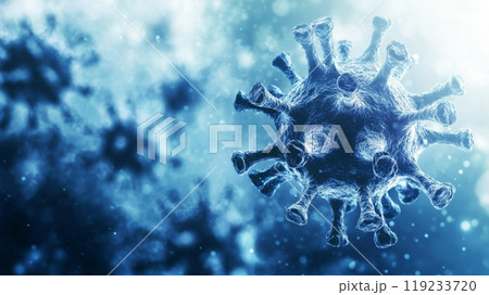 Microscopic virus closeup floating on a blue background Microscopic virus closeup floating on a blue background 119233720